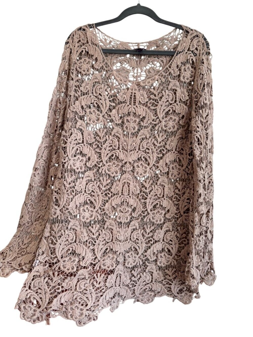 Long Tall Sally Beige Crochet Lace Tunic Cover Dress Scalloped Hem Womens
